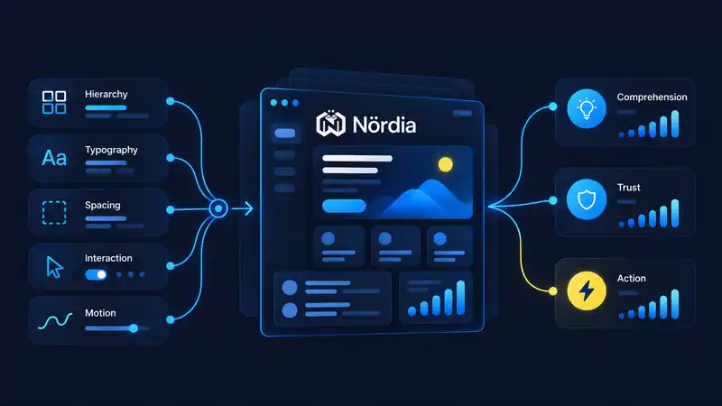Nördia design system: hierarchy, typography, spacing, interaction and motion supporting comprehension, trust and action